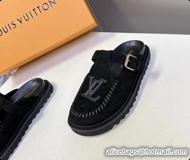 Feminine Louis Vuitton Colorado Closed Flat Mules Black Suede Calf Leather 6062002