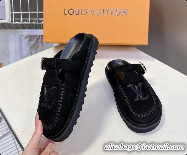 Feminine Louis Vuitton Colorado Closed Flat Mules Black Suede Calf Leather 6062002