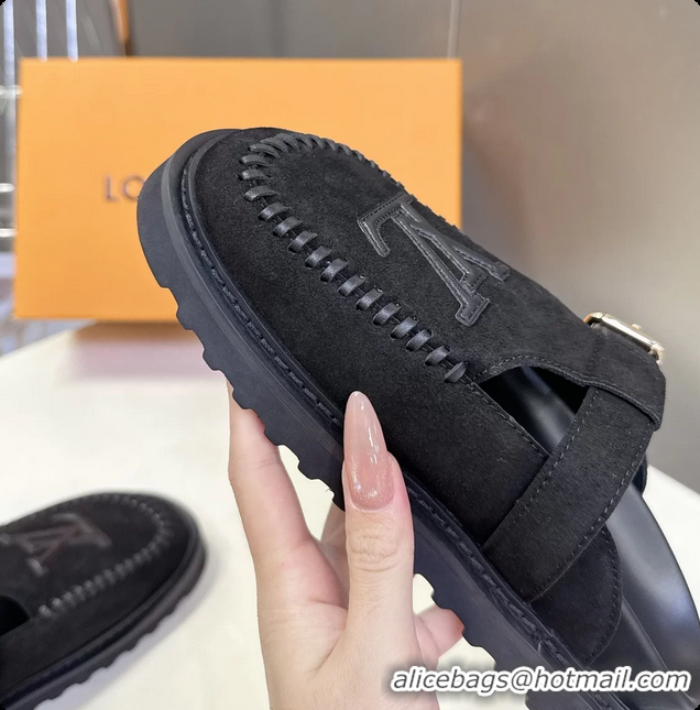 Feminine Louis Vuitton Colorado Closed Flat Mules Black Suede Calf Leather 6062002