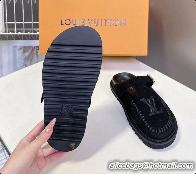 Feminine Louis Vuitton Colorado Closed Flat Mules Black Suede Calf Leather 6062002