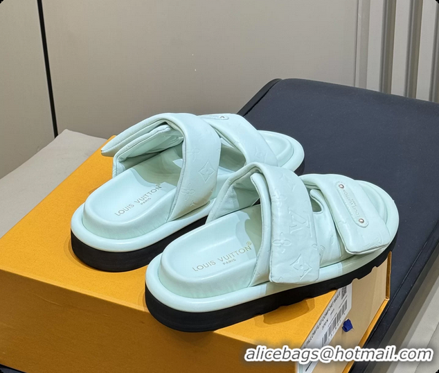 Shop Duplicate Louis Vuitton Pool Pillow Comfort Mule Slides Sandals Light Green Monogram Leather 6062003