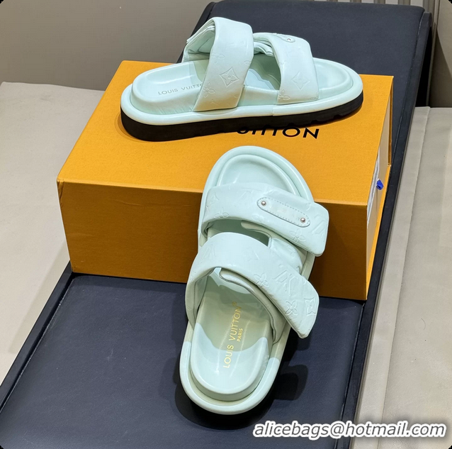 Shop Duplicate Louis Vuitton Pool Pillow Comfort Mule Slides Sandals Light Green Monogram Leather 6062003