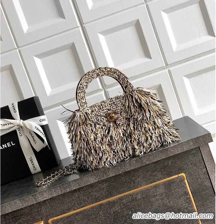 Top Grade Chanel Raffia-Effect Fabric Mini Shopping Bag AS4416 White/Light Beige/Black 2026