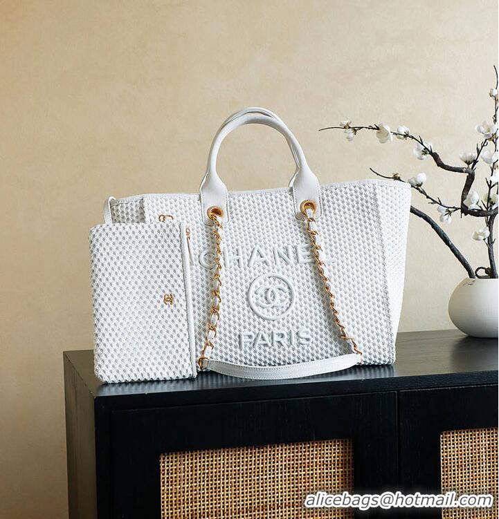 Luxury Cheap Chanel Large Shopping Bag Braided Straw With Suede Calfskin & Gold-Tone Metal A66941 White