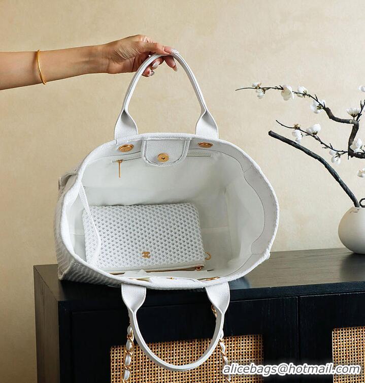 Luxury Cheap Chanel Large Shopping Bag Braided Straw With Suede Calfskin & Gold-Tone Metal A66941 White