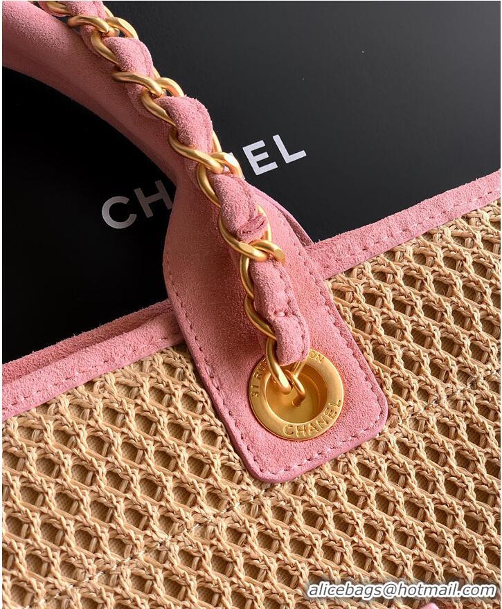 Discount Chanel Large Shopping Bag Braided Straw With Suede Calfskin & Gold-Tone Metal A66941 Beige/Pink 2026