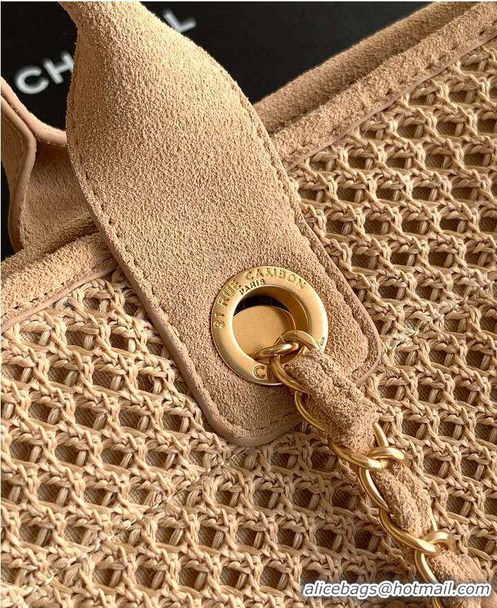 Top Design Chanel Large Shopping Bag Braided Straw With Suede Calfskin & Gold-Tone Metal A66941 Beige
