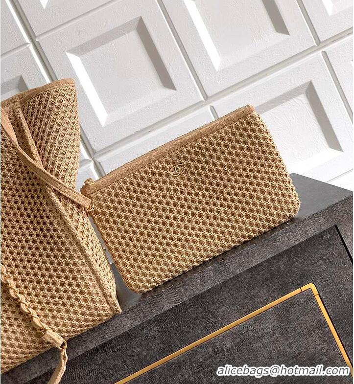 Top Design Chanel Large Shopping Bag Braided Straw With Suede Calfskin & Gold-Tone Metal A66941 Beige