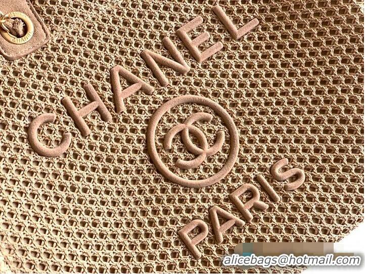Top Design Chanel Large Shopping Bag Braided Straw With Suede Calfskin & Gold-Tone Metal A66941 Beige