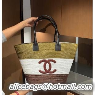 Most Popular Chanel Coco Beach Maxi Shopping Bag Braided raffia & calfskin A66942 Khaki/White/Brown 2026