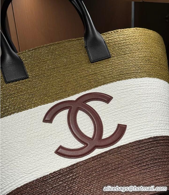 Most Popular Chanel Coco Beach Maxi Shopping Bag Braided raffia & calfskin A66942 Khaki/White/Brown 2026