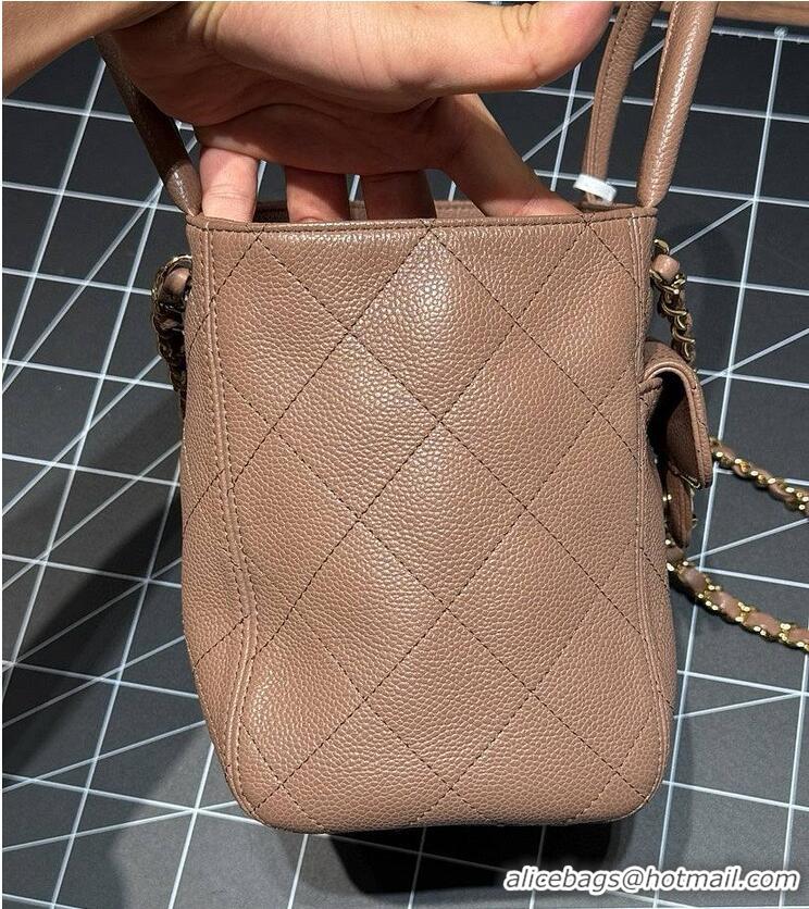Shop Inexpensive Chanel Small Tote Grained Calfskin & Gold-Tone Metal A66944 Brown