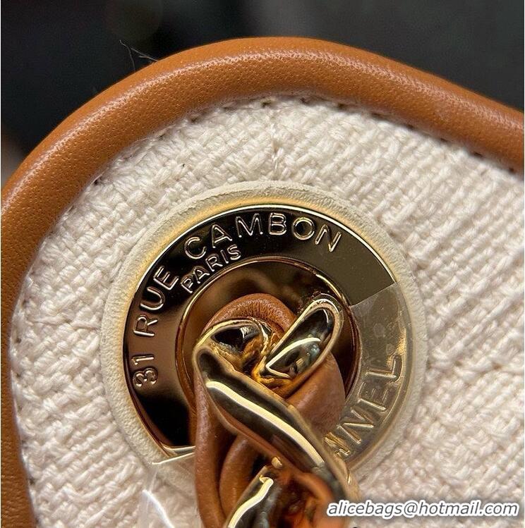 Best Price Chanel 25 Small Handbag Canvas With Calfskin & Gold-Tone Metal AS5634 Ecru/Camel
