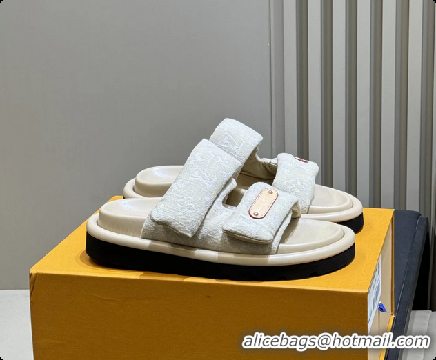 Luxurious Louis Vuitton Pool Pillow Comfort Mule Slides Sandals Denim Beige Monogram Fabric 6062003