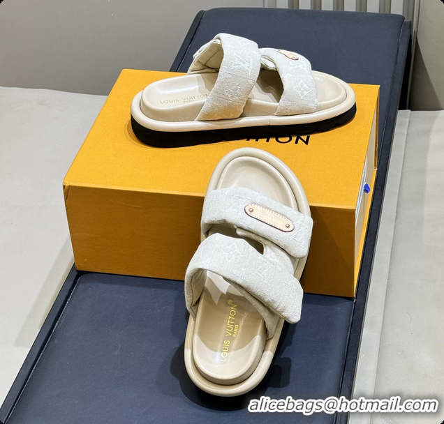 Luxurious Louis Vuitton Pool Pillow Comfort Mule Slides Sandals Denim Beige Monogram Fabric 6062003