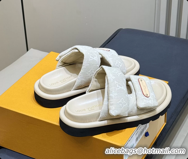 Luxurious Louis Vuitton Pool Pillow Comfort Mule Slides Sandals Denim Beige Monogram Fabric 6062003