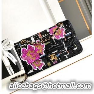 Top Grade Chanel Classic 11.12 handbag Embroidered satin/sequins/glass pearls & ruthenium-finish metal AS6288 black/yell