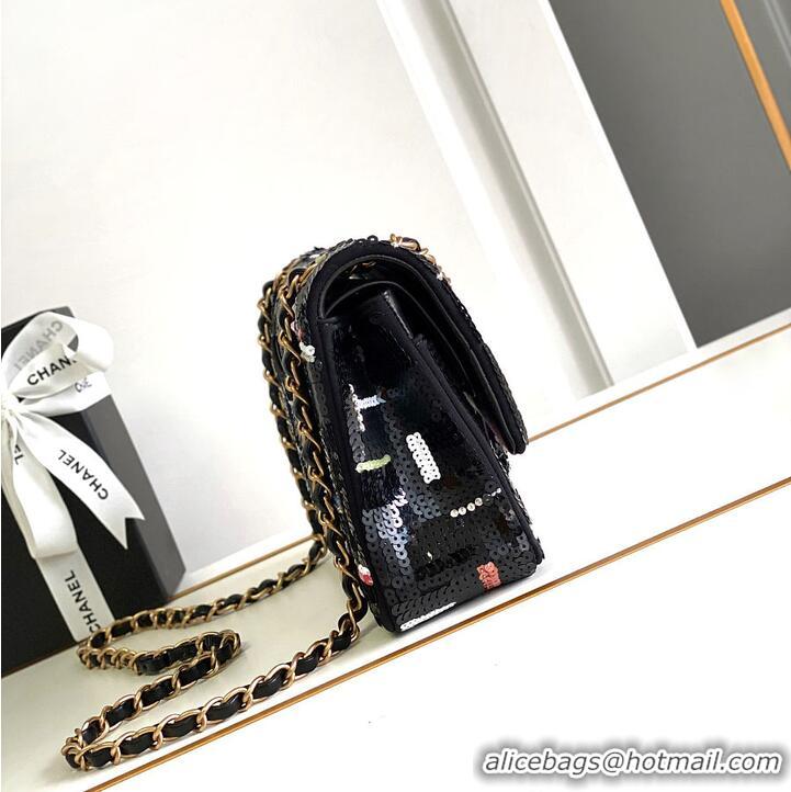 Top Grade Chanel Classic 11.12 handbag Embroidered satin/sequins/glass pearls & ruthenium-finish metal AS6288 black/yell