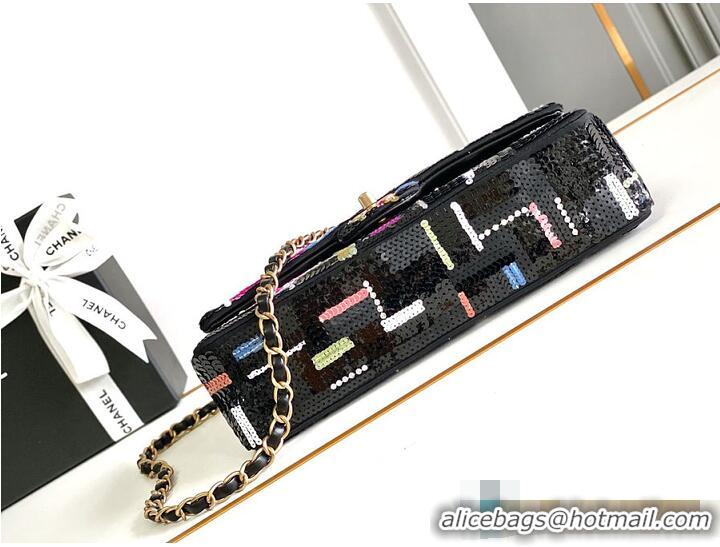 Top Grade Chanel Classic 11.12 handbag Embroidered satin/sequins/glass pearls & ruthenium-finish metal AS6288 black/yell