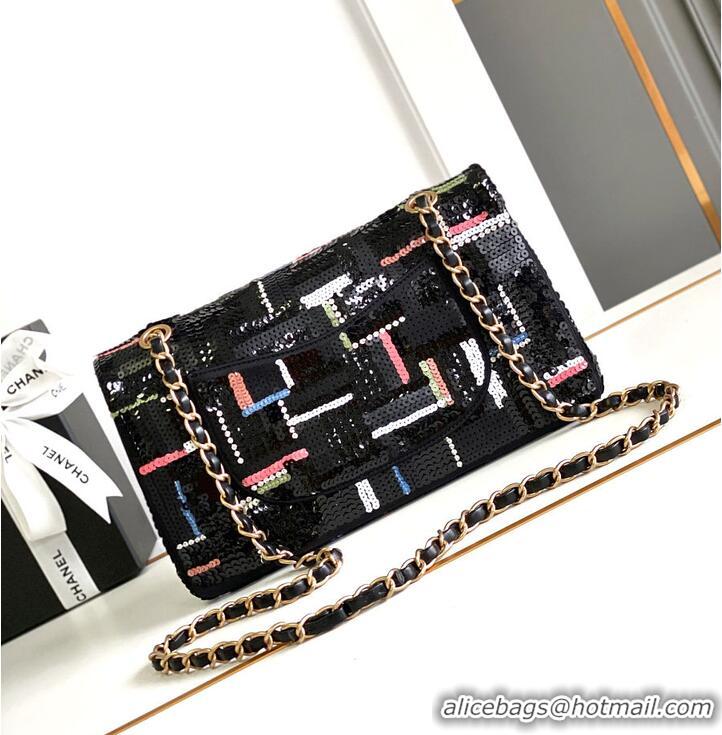Top Grade Chanel Classic 11.12 handbag Embroidered satin/sequins/glass pearls & ruthenium-finish metal AS6288 black/yell