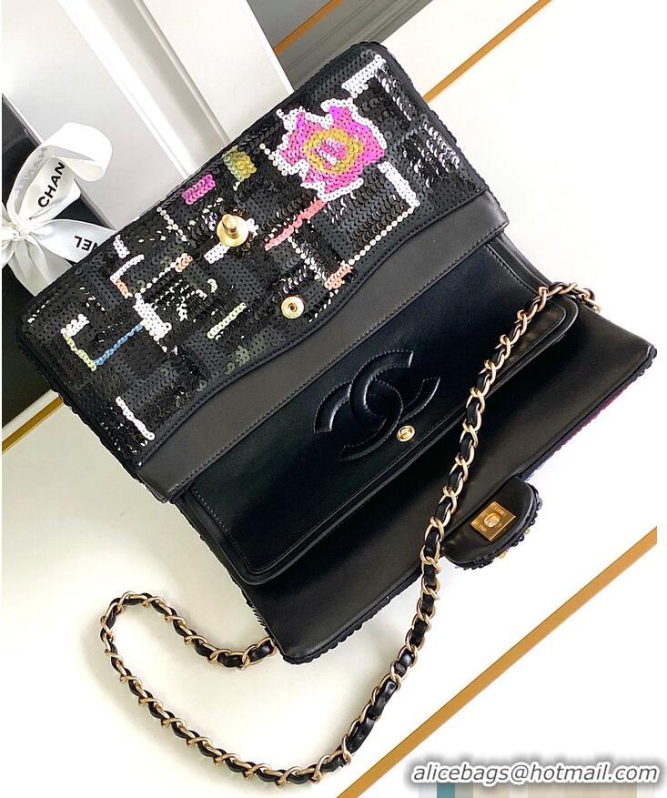 Top Grade Chanel Classic 11.12 handbag Embroidered satin/sequins/glass pearls & ruthenium-finish metal AS6288 black/yell