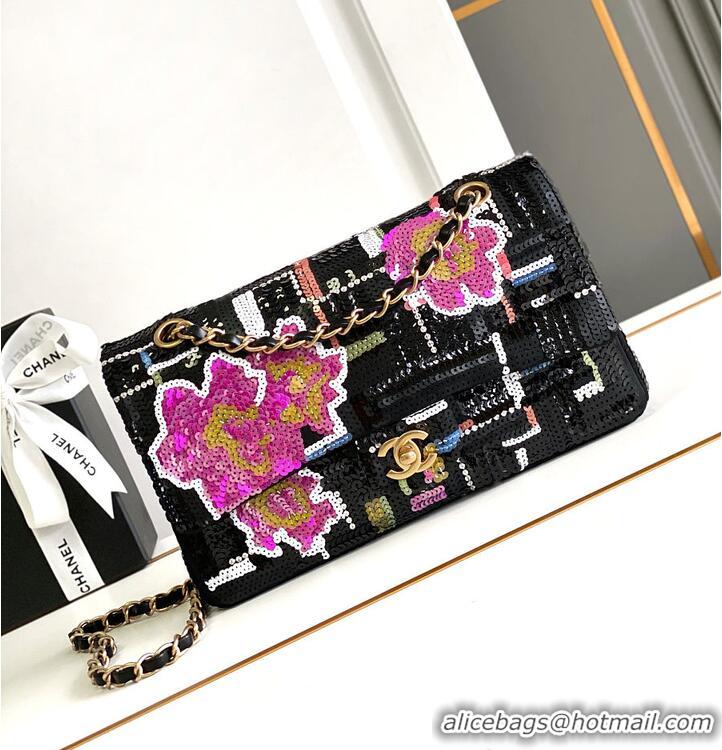 Top Grade Chanel Classic 11.12 handbag Embroidered satin/sequins/glass pearls & ruthenium-finish metal AS6288 black/yell