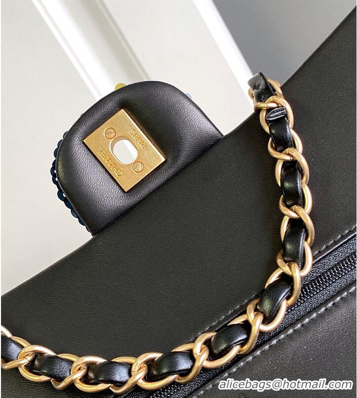 Top Grade Chanel Classic 11.12 handbag Embroidered satin/sequins/glass pearls & ruthenium-finish metal AS6288 black/yell