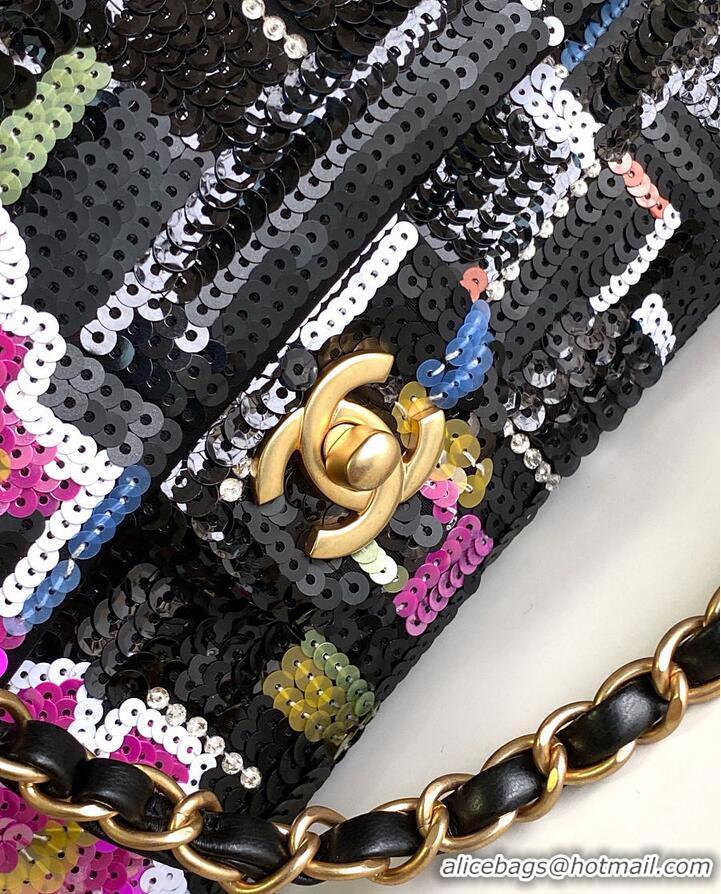 Top Grade Chanel Classic 11.12 handbag Embroidered satin/sequins/glass pearls & ruthenium-finish metal AS6288 black/yell