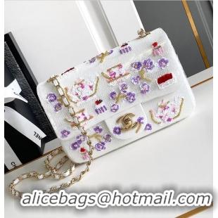 Discount Chanel Mini Classic Handbag Embroidered Satin/Sequins/Glass Beads/Strass & Gold-Tone Metal AS6289 White/Pink/Pu