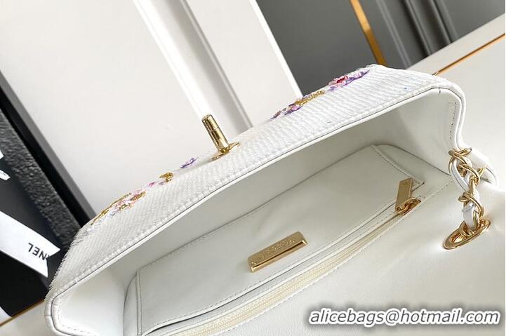 Discount Chanel Mini Classic Handbag Embroidered Satin/Sequins/Glass Beads/Strass & Gold-Tone Metal AS6289 White/Pink/Pu