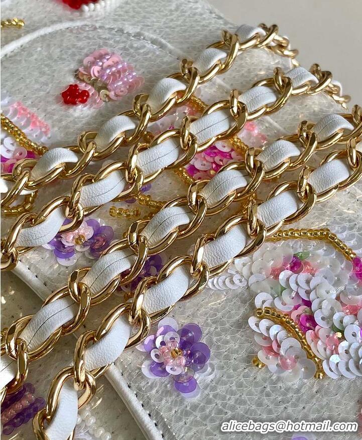 Discount Chanel Mini Classic Handbag Embroidered Satin/Sequins/Glass Beads/Strass & Gold-Tone Metal AS6289 White/Pink/Pu