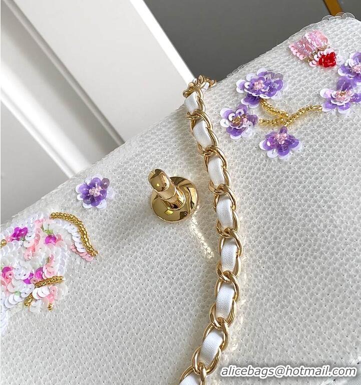 Discount Chanel Mini Classic Handbag Embroidered Satin/Sequins/Glass Beads/Strass & Gold-Tone Metal AS6289 White/Pink/Pu