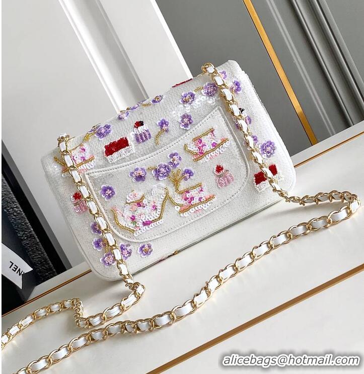 Discount Chanel Mini Classic Handbag Embroidered Satin/Sequins/Glass Beads/Strass & Gold-Tone Metal AS6289 White/Pink/Pu