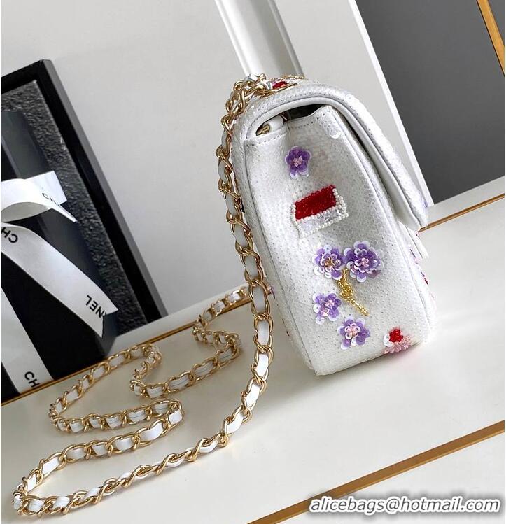 Discount Chanel Mini Classic Handbag Embroidered Satin/Sequins/Glass Beads/Strass & Gold-Tone Metal AS6289 White/Pink/Pu