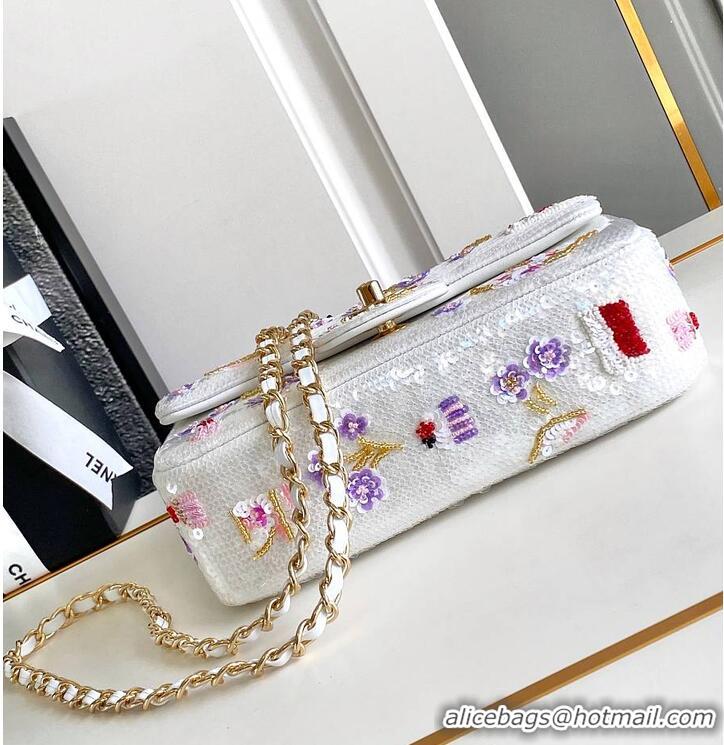 Discount Chanel Mini Classic Handbag Embroidered Satin/Sequins/Glass Beads/Strass & Gold-Tone Metal AS6289 White/Pink/Pu