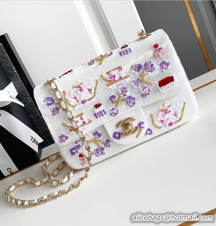 Discount Chanel Mini Classic Handbag Embroidered Satin/Sequins/Glass Beads/Strass & Gold-Tone Metal AS6289 White/Pink/Pu