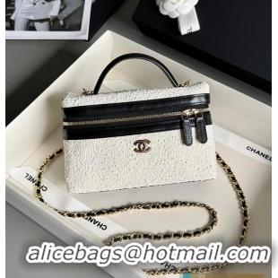 Good Quality Chanel Coco Beach Top Handle Long Vanity Case with Chain Ecru Tweed and Black Calfskin Gold Hardware AS6298