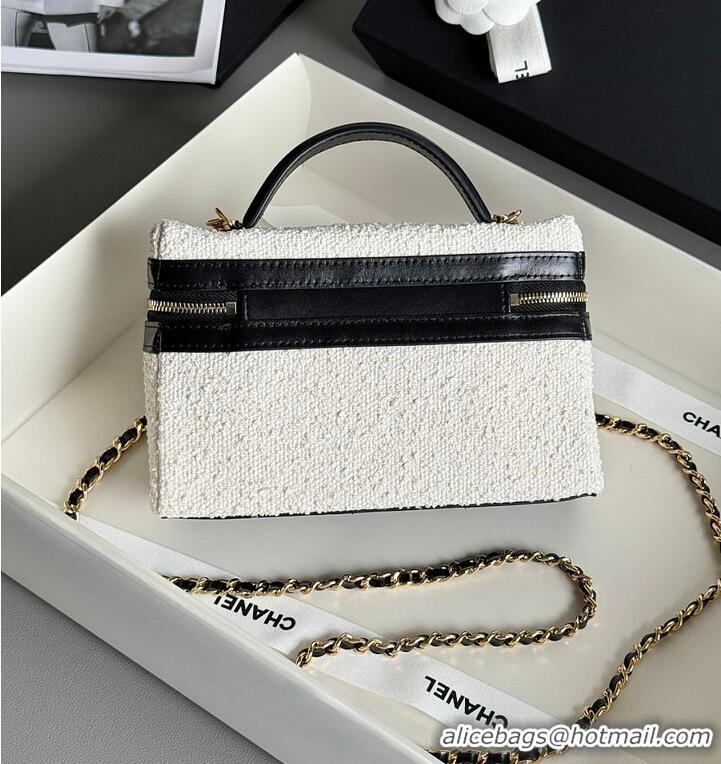 Good Quality Chanel Coco Beach Top Handle Long Vanity Case with Chain Ecru Tweed and Black Calfskin Gold Hardware AS6298