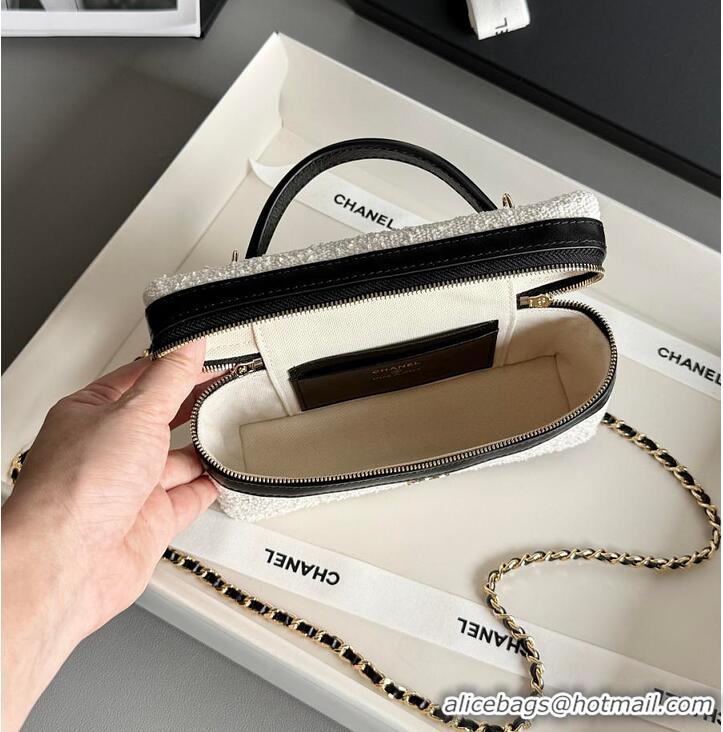 Good Quality Chanel Coco Beach Top Handle Long Vanity Case with Chain Ecru Tweed and Black Calfskin Gold Hardware AS6298