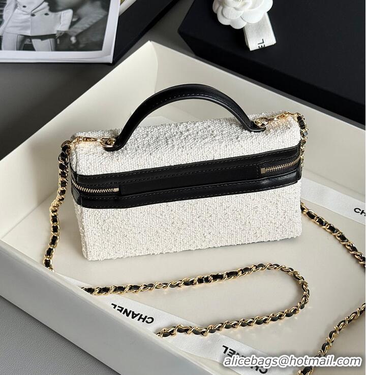 Good Quality Chanel Coco Beach Top Handle Long Vanity Case with Chain Ecru Tweed and Black Calfskin Gold Hardware AS6298