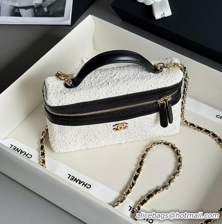 Good Quality Chanel Coco Beach Top Handle Long Vanity Case with Chain Ecru Tweed and Black Calfskin Gold Hardware AS6298