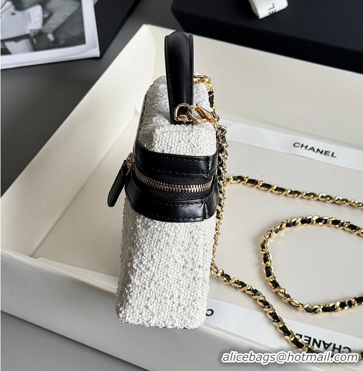Good Quality Chanel Coco Beach Top Handle Long Vanity Case with Chain Ecru Tweed and Black Calfskin Gold Hardware AS6298