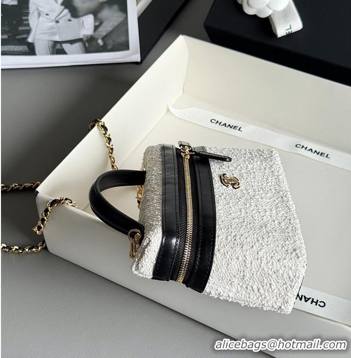 Good Quality Chanel Coco Beach Top Handle Long Vanity Case with Chain Ecru Tweed and Black Calfskin Gold Hardware AS6298