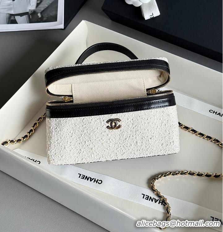 Good Quality Chanel Coco Beach Top Handle Long Vanity Case with Chain Ecru Tweed and Black Calfskin Gold Hardware AS6298
