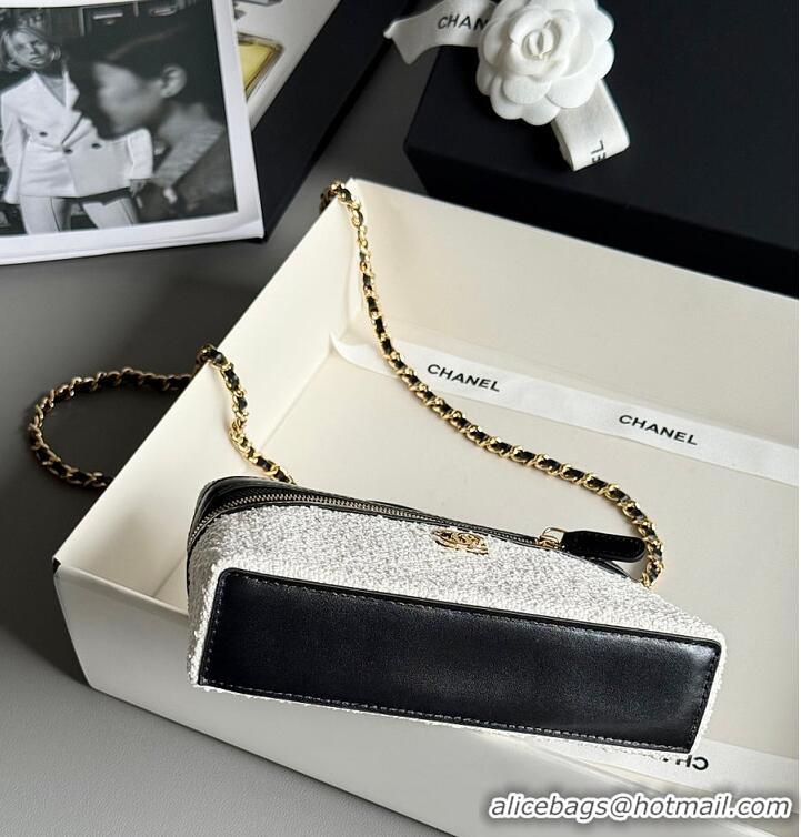 Good Quality Chanel Coco Beach Top Handle Long Vanity Case with Chain Ecru Tweed and Black Calfskin Gold Hardware AS6298
