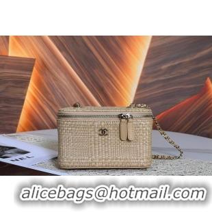 Top Quality Chanel Classic Long Vanity with Chain Braided Raffia & Gold-Tone Metal AS6279 Beige