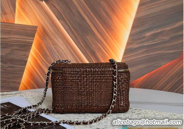 Good Taste Chanel Classic Long Vanity with Chain Braided Raffia & Gold-Tone Metal AS6279 Brown