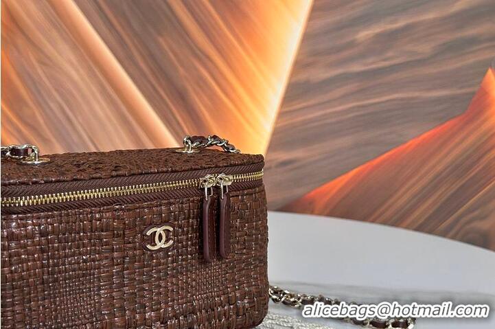 Good Taste Chanel Classic Long Vanity with Chain Braided Raffia & Gold-Tone Metal AS6279 Brown