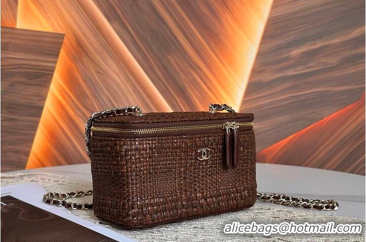 Good Taste Chanel Classic Long Vanity with Chain Braided Raffia & Gold-Tone Metal AS6279 Brown