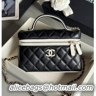 Famous Brand Chanel Vanity Bag with Top Handle and Chain Strap Quilted Leather with Silver-Tone Hardware AS6281 Black